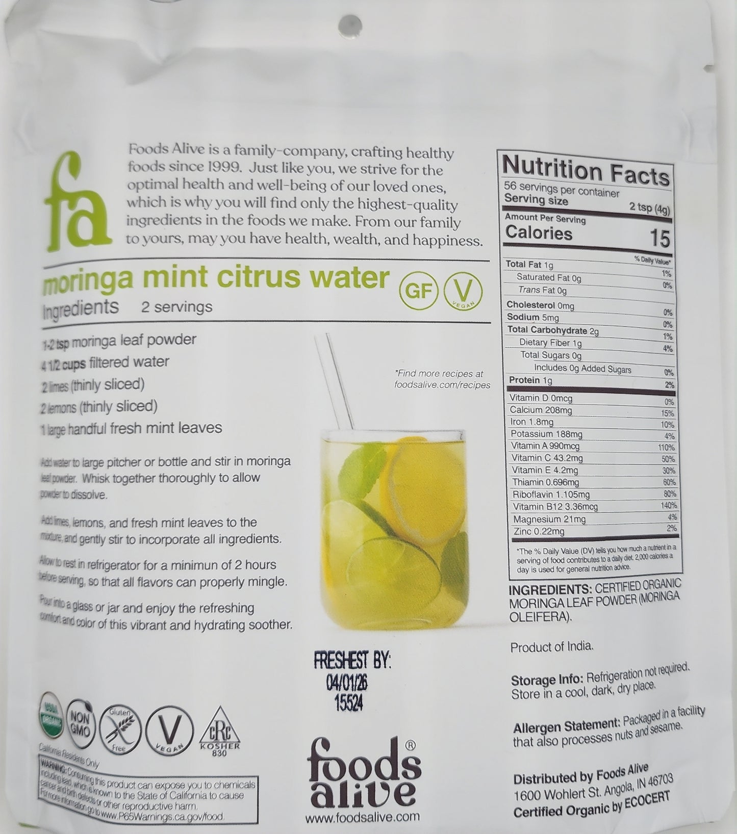Foods Alive organic moringa leaf / powder 8oz./227g.